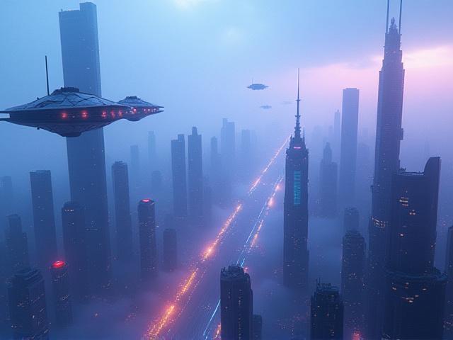Escena de ciencia ficción con naves espaciales y ciudad futurista